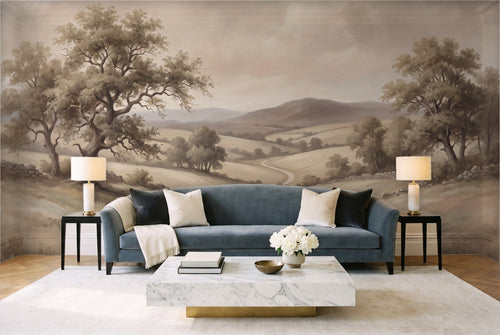 Beige Countryside Landscape Mural in a living room