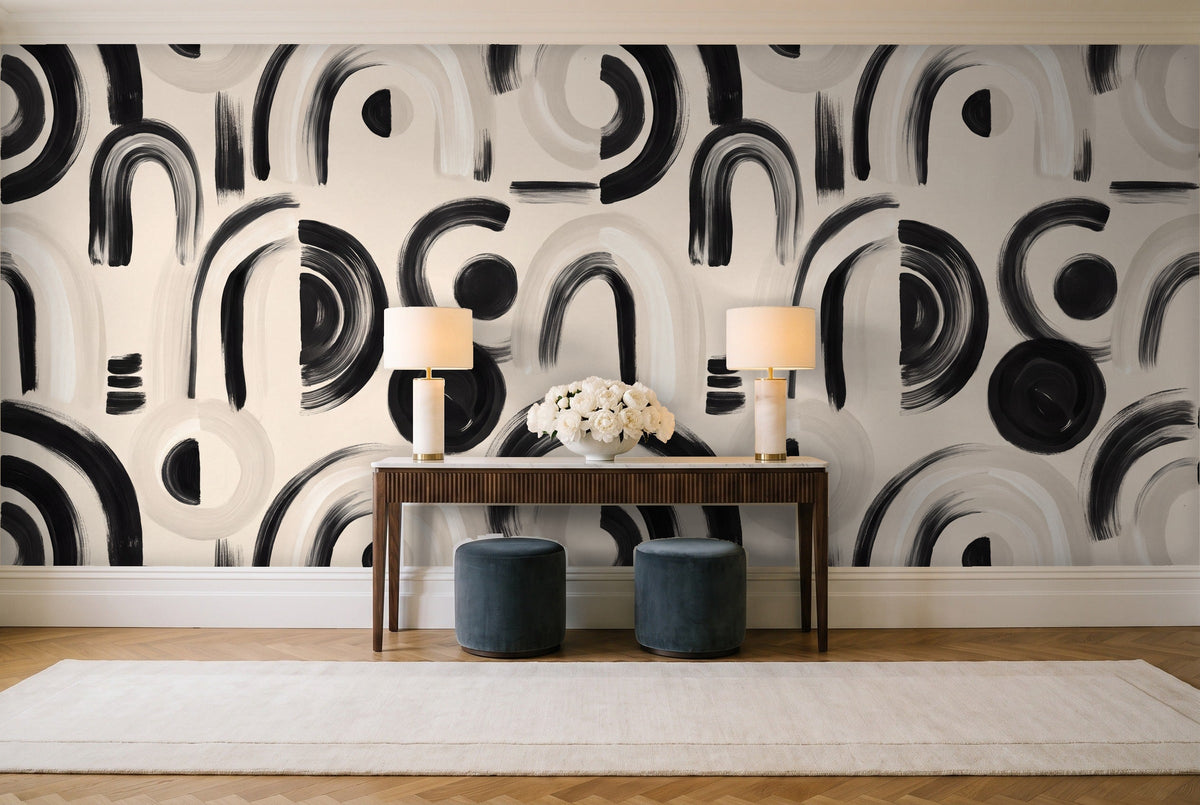 Black And White Arch Geometric Mural in an entryway