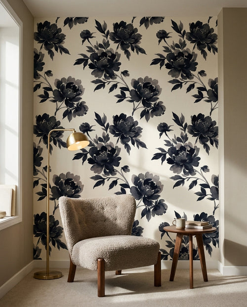 Black Peony Floral Mural on a feature wall