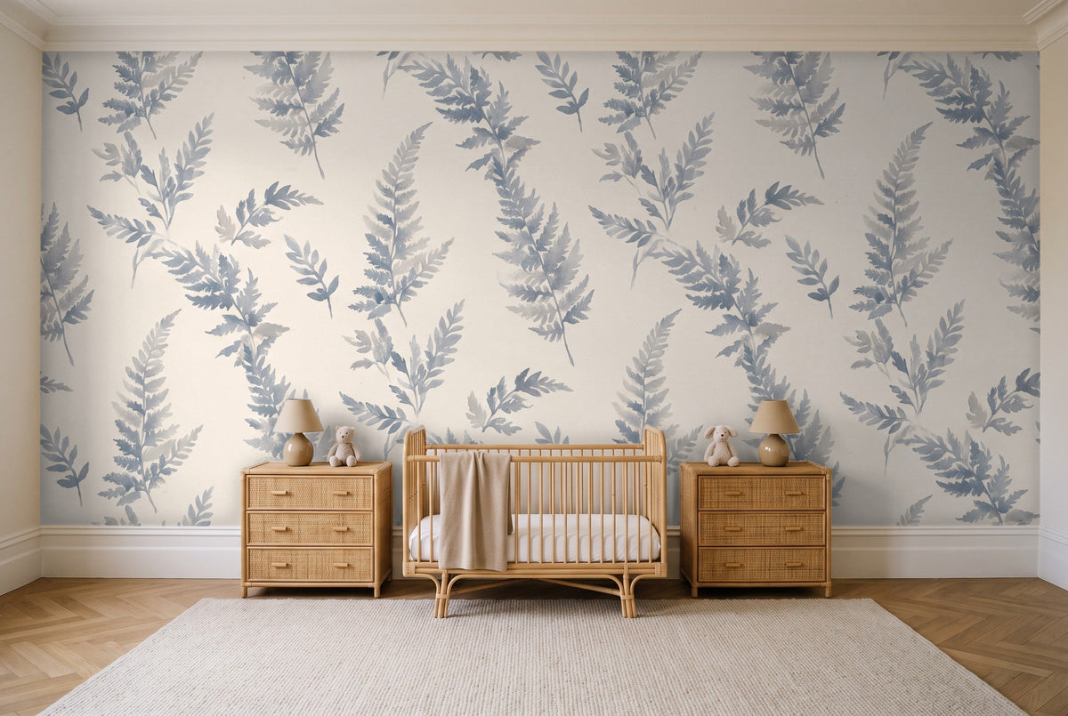 Blue And Grey Fern Botanical Mural in a nursery