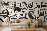 Black And White Brushstroke Abstract Mural in a living room