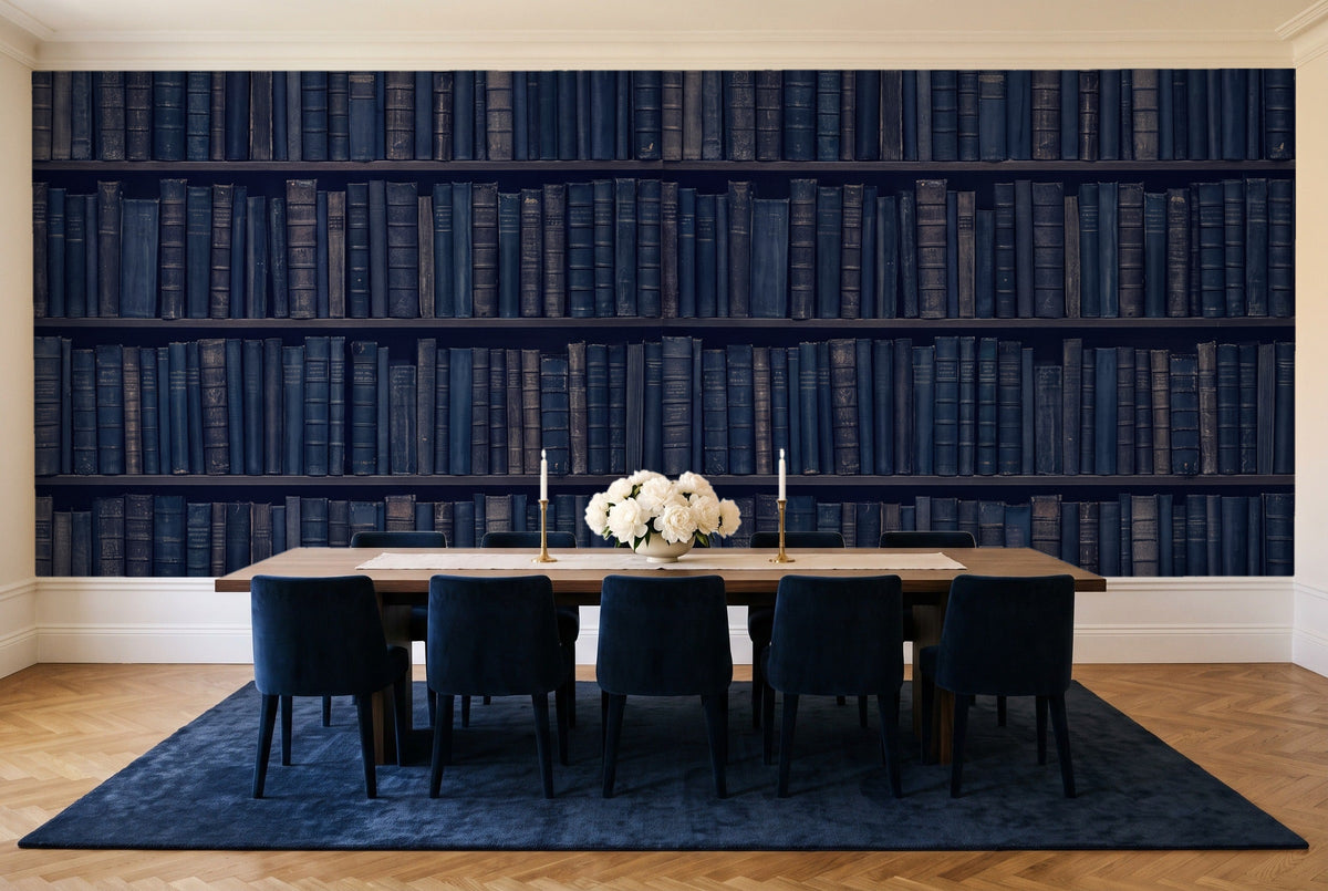 Navy Bookshelf Library Mural in a dining room