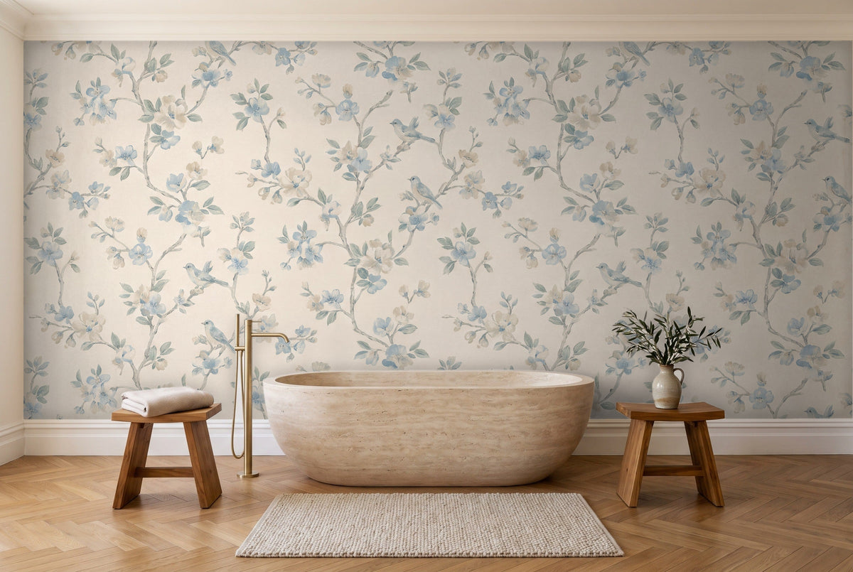 Light Blue Cherry Blossom Floral Mural in a bathroom