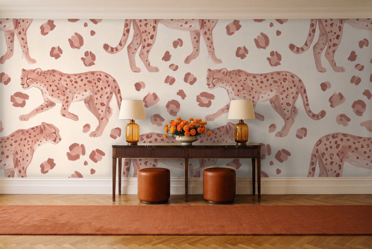Blush Cheetah Animal Mural in an entryway