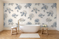 Blue And Grey Hydrangea Floral Mural in a bathroom