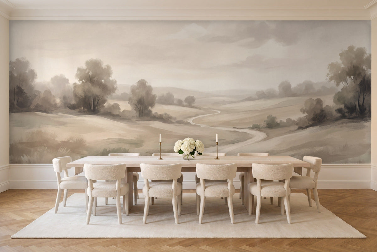 Cream Meadow Landscape Mural in a dining room