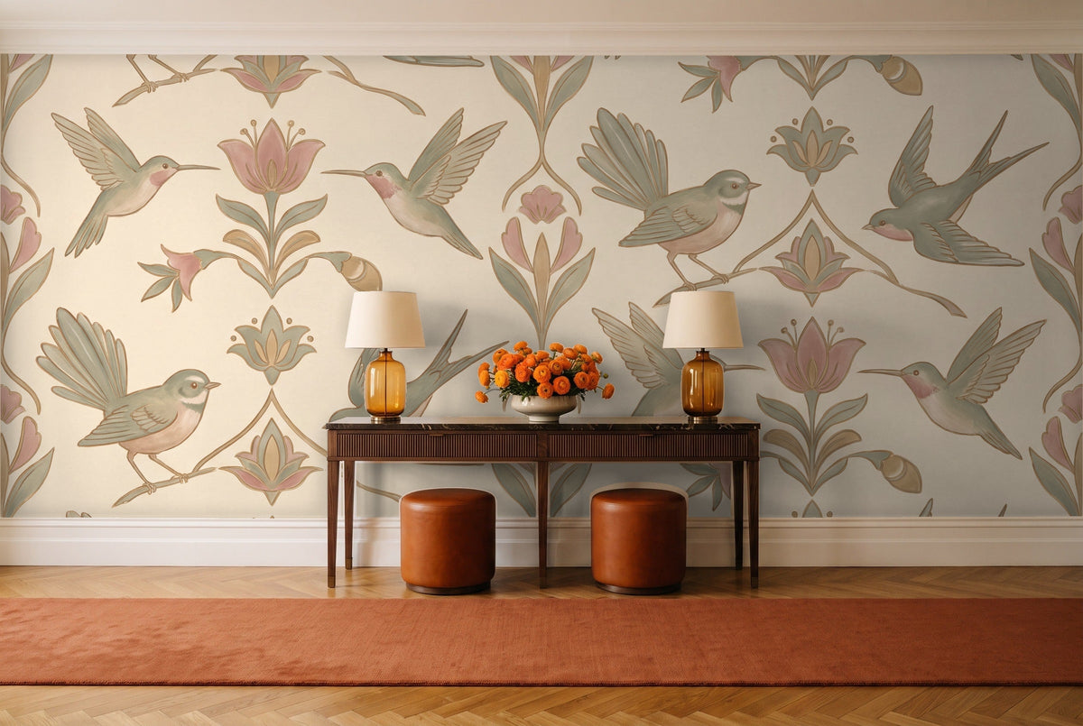 Green And Pink Songbird Animal Mural in an entryway