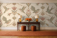 Green And Pink Songbird Animal Mural in an entryway