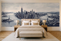 Navy New York Cityscape Mural in a bedroom
