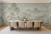 Sage Mountain Landscape Mural in a dining room