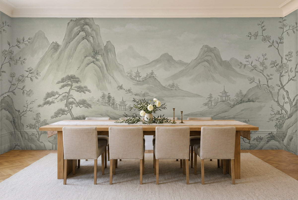 Sage Mountain Landscape Mural in a dining room