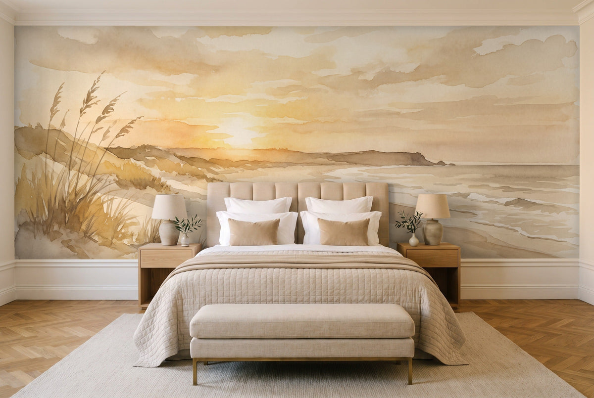 Ochre Beach Sunset Landscape Mural in a bedroom