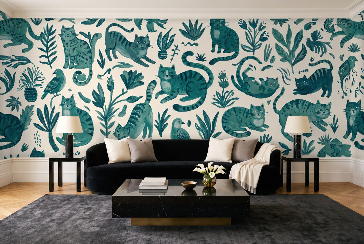 Teal Cat Animal Mural in a living room