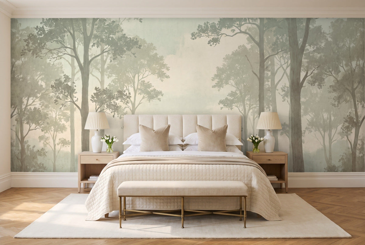 Mint Forest Landscape Mural in a bedroom