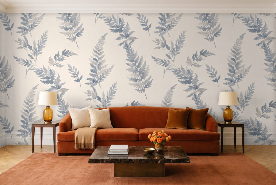 Blue And Grey Fern Botanical Mural on a wall