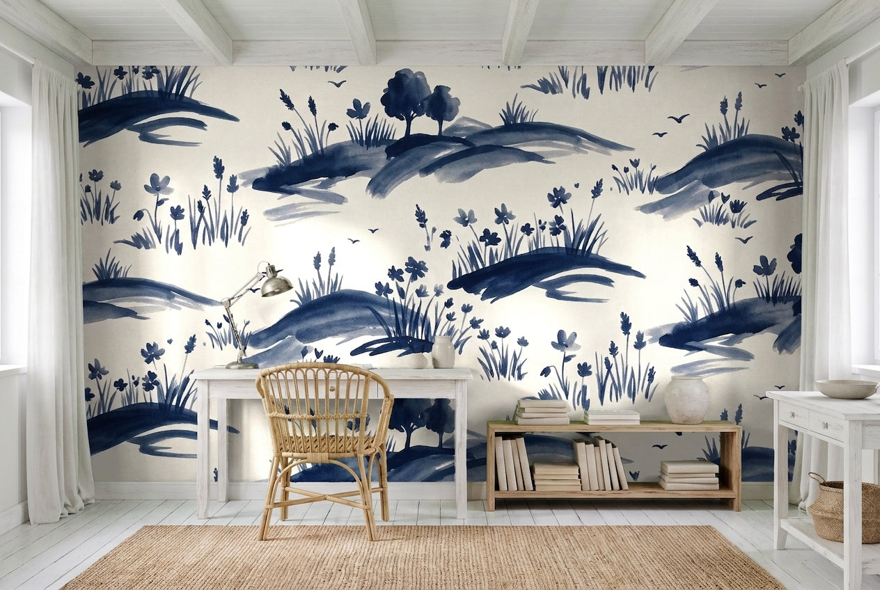 Navy Meadow Landscape Mural in an interior