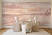 Blush Beach Sunset Landscape Mural in a home office