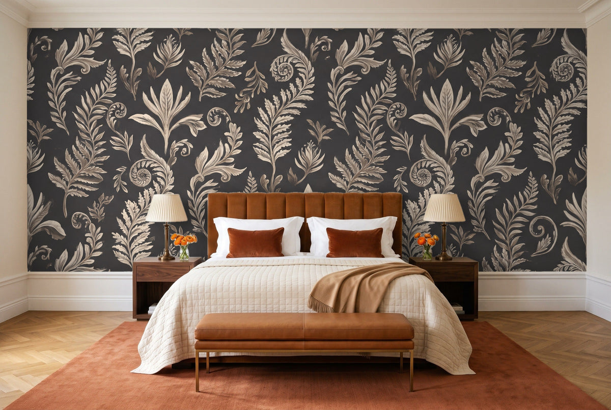 Charcoal Fern Botanical Mural in a bedroom