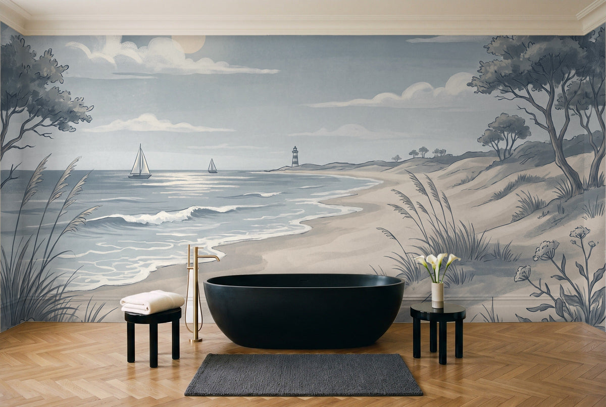 Blue Beach Landscape Mural in a bathroom