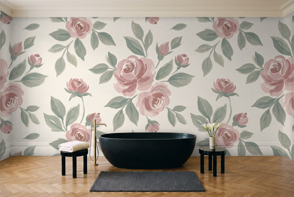 Green And Pink Rose Floral Mural in a bathroom