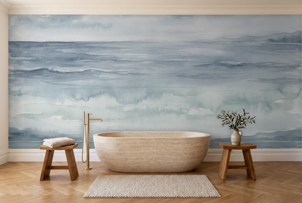 Blue Ocean Landscape Mural in a bathroom