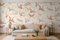 Blush Crane Animal Mural in a living room