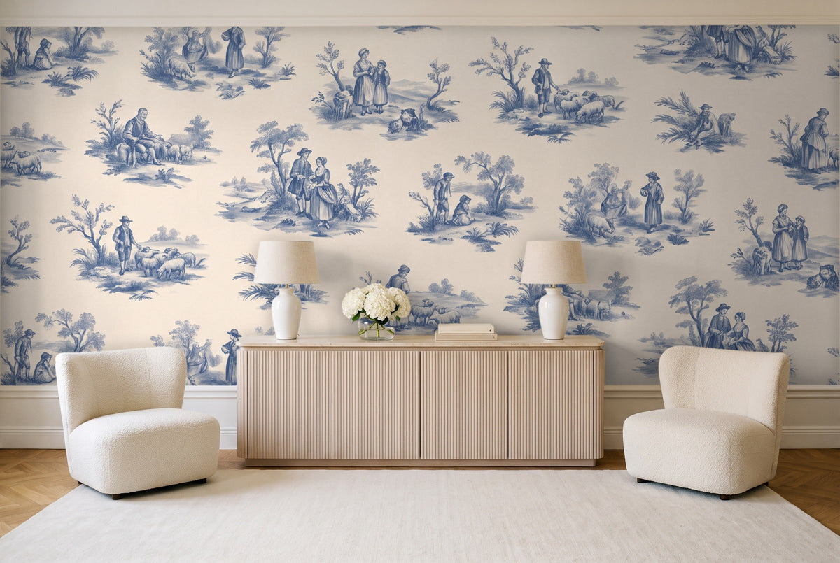 Blue And White Toile Mural in a living room