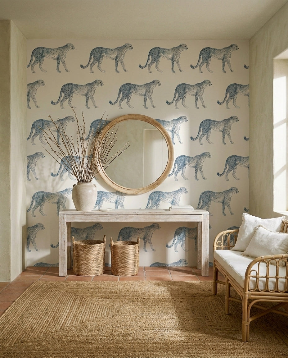 Blue-and-grey Cheetah Animal Mural in an interior