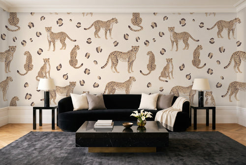 Beige Cheetah Animal Mural in a living room