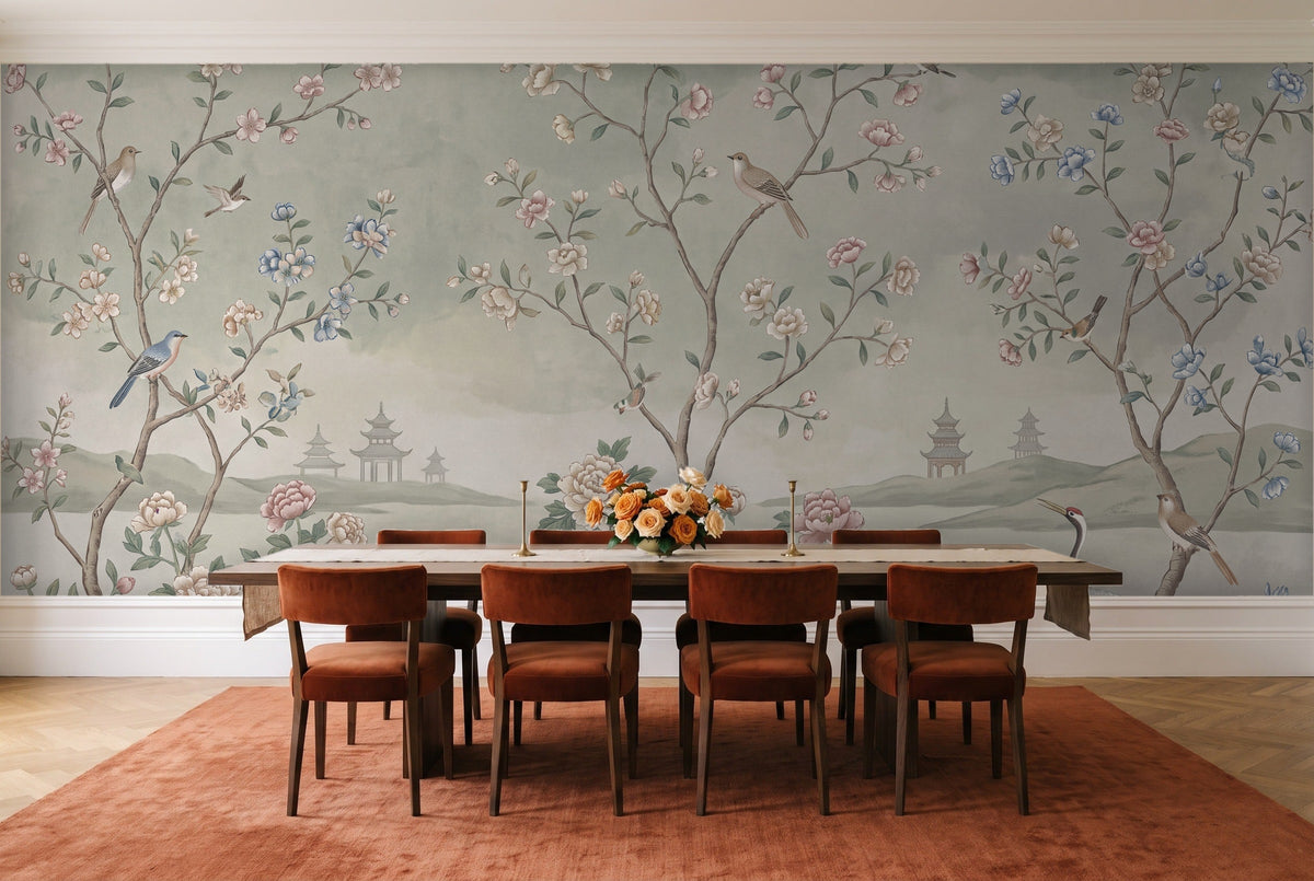 Sage Chinoiserie Garden Chinoiserie Mural in a dining room