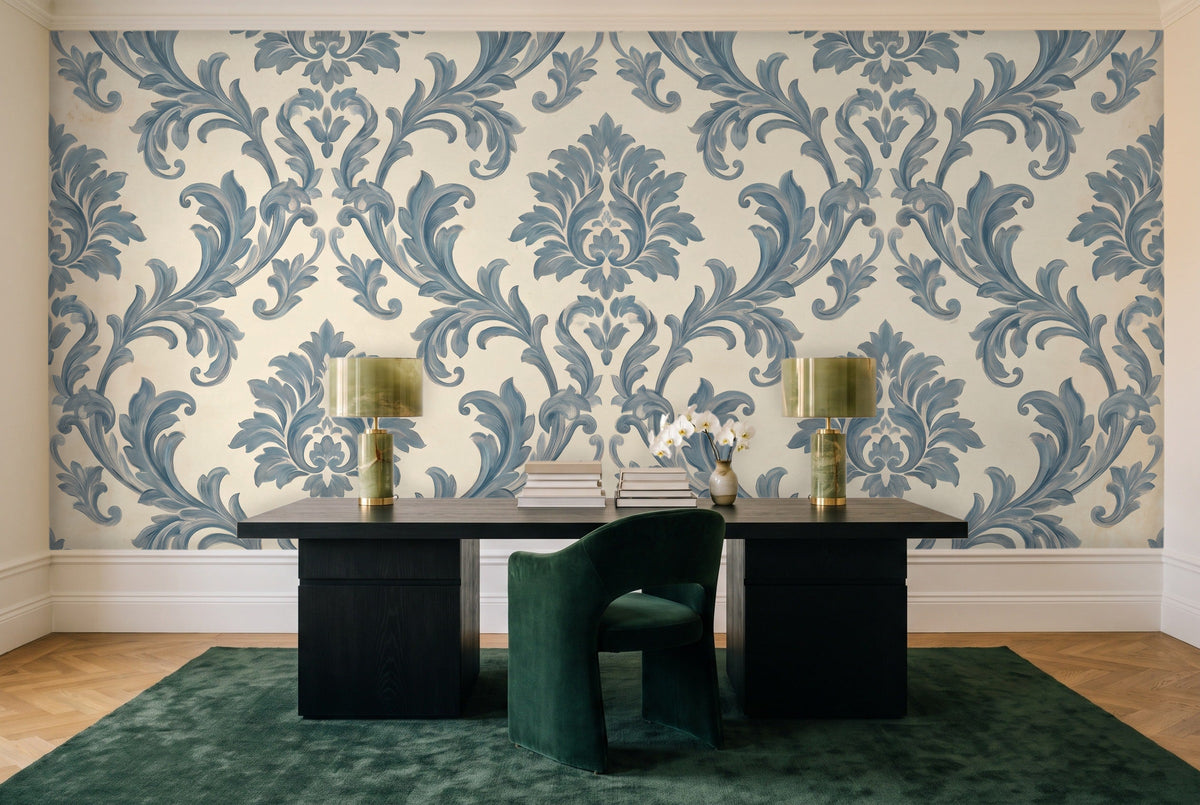 Blue Scroll Damask Mural in a home office