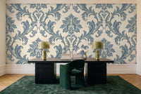 Blue Scroll Damask Mural in a home office