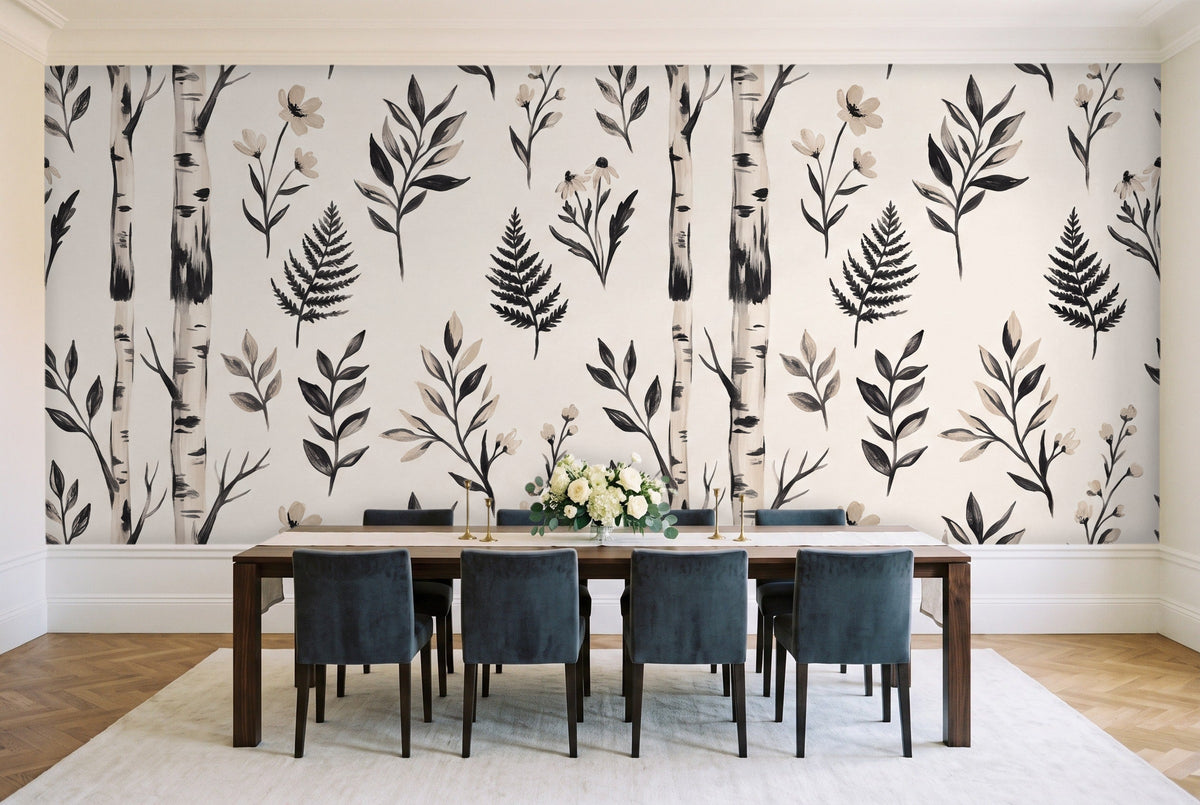 Black And White Birch Botanical Mural in a dining room