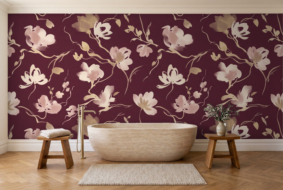 Burgundy Brushstroke Abstract Mural in a bathroom
