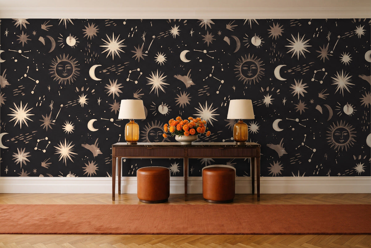 Charcoal Stars Celestial Mural in an entryway