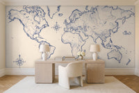 Blue And White World Map Map Mural in a home office