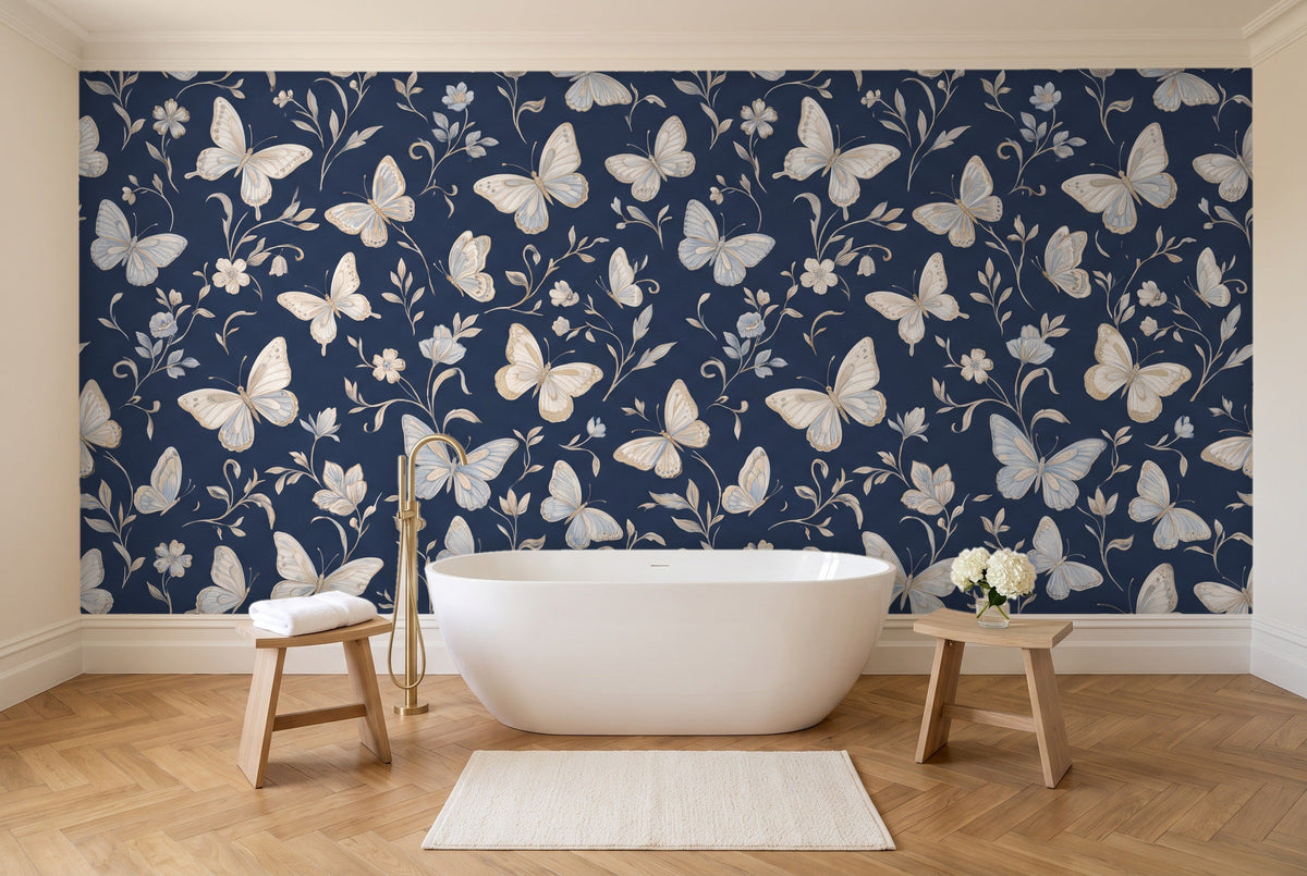 Navy Butterfly Mural in a bathroom