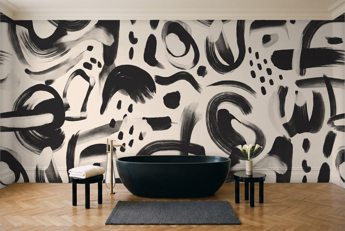 Black And White Brushstroke Abstract Mural in a bathroom