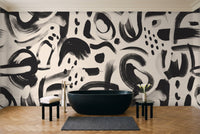 Black And White Brushstroke Abstract Mural in a bathroom