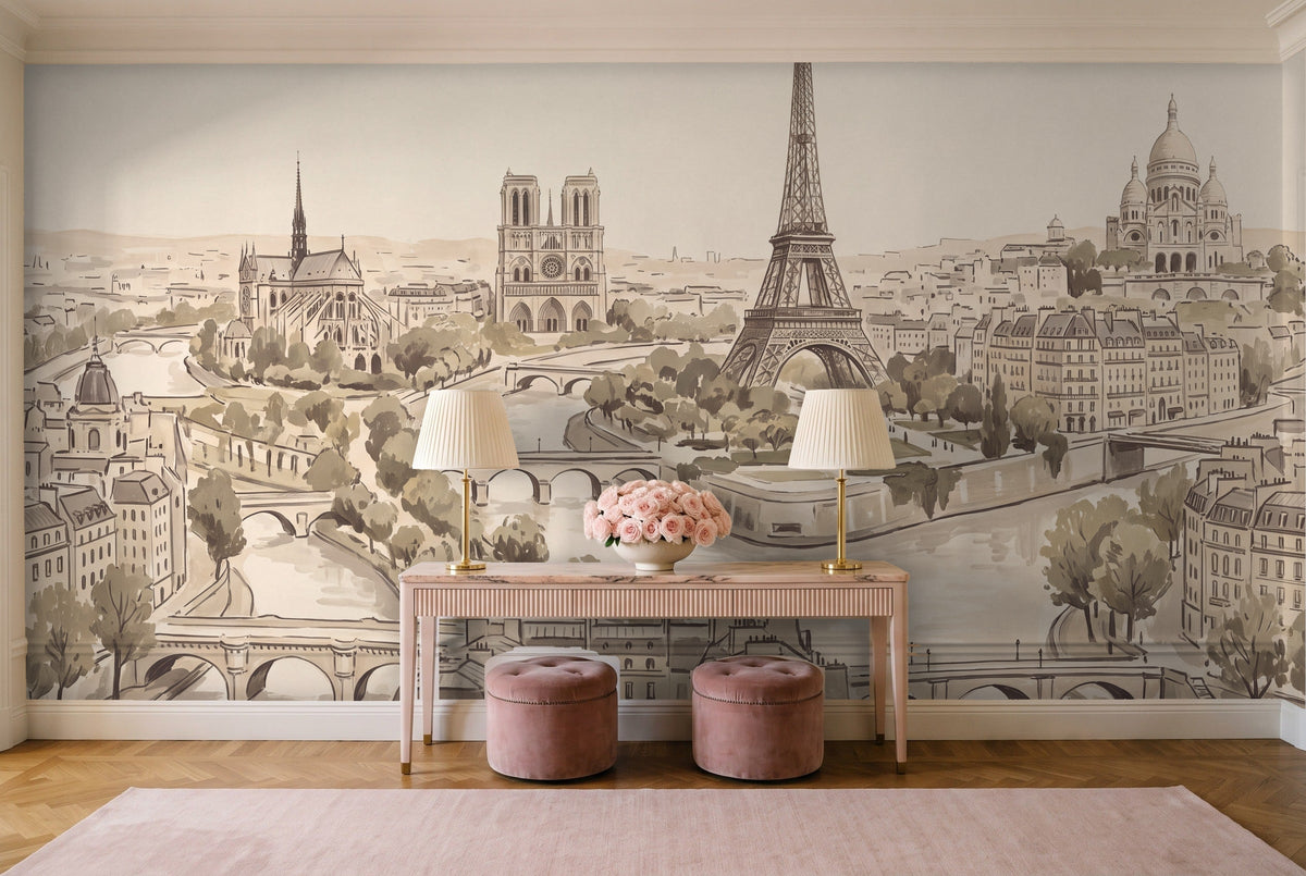 Beige Paris Cityscape Mural in an entryway