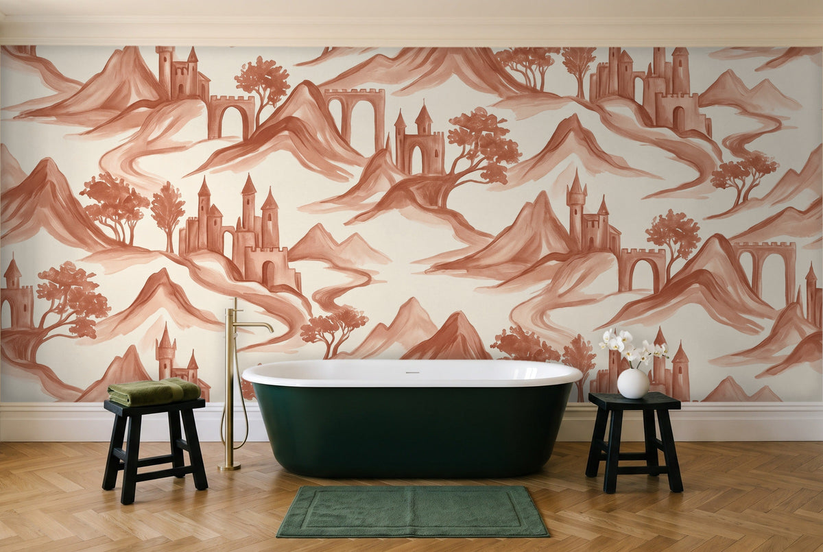 Terracotta Mountain Landscape Mural in a bathroom