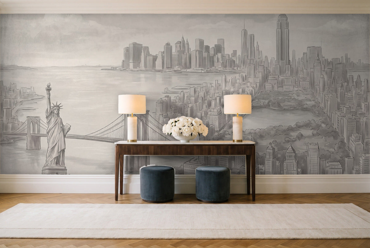 Grey New York Cityscape Mural in an entryway