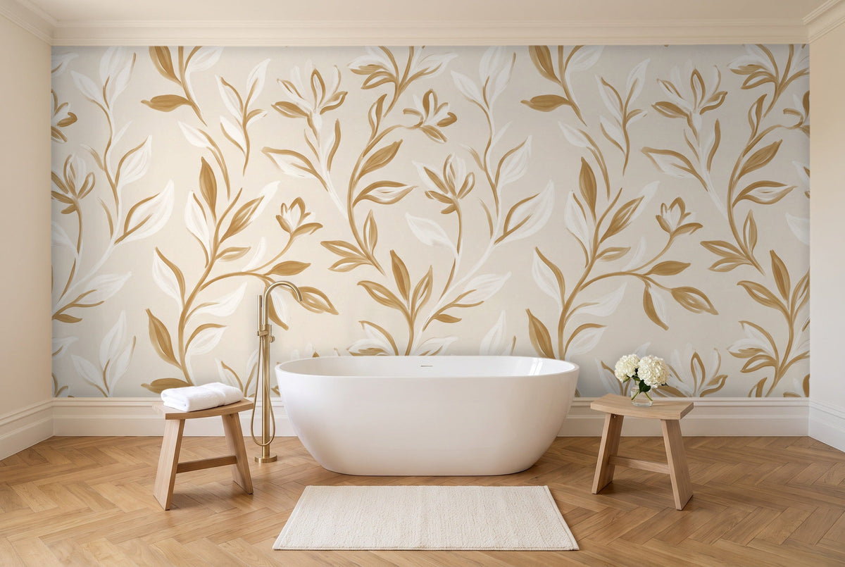 White And Gold Vine Botanical Mural in a bathroom
