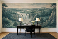 Teal Waterfall Landscape Mural in a home office