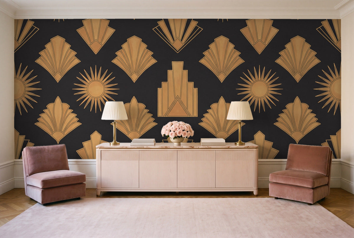 Black And Gold Art Deco Mural in a living room