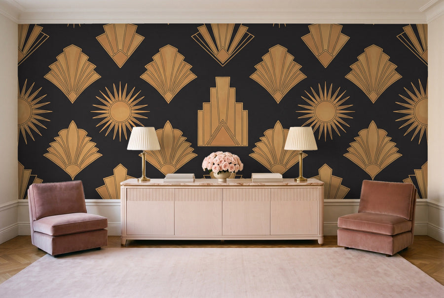 Black And Gold Art Deco Mural on a wall