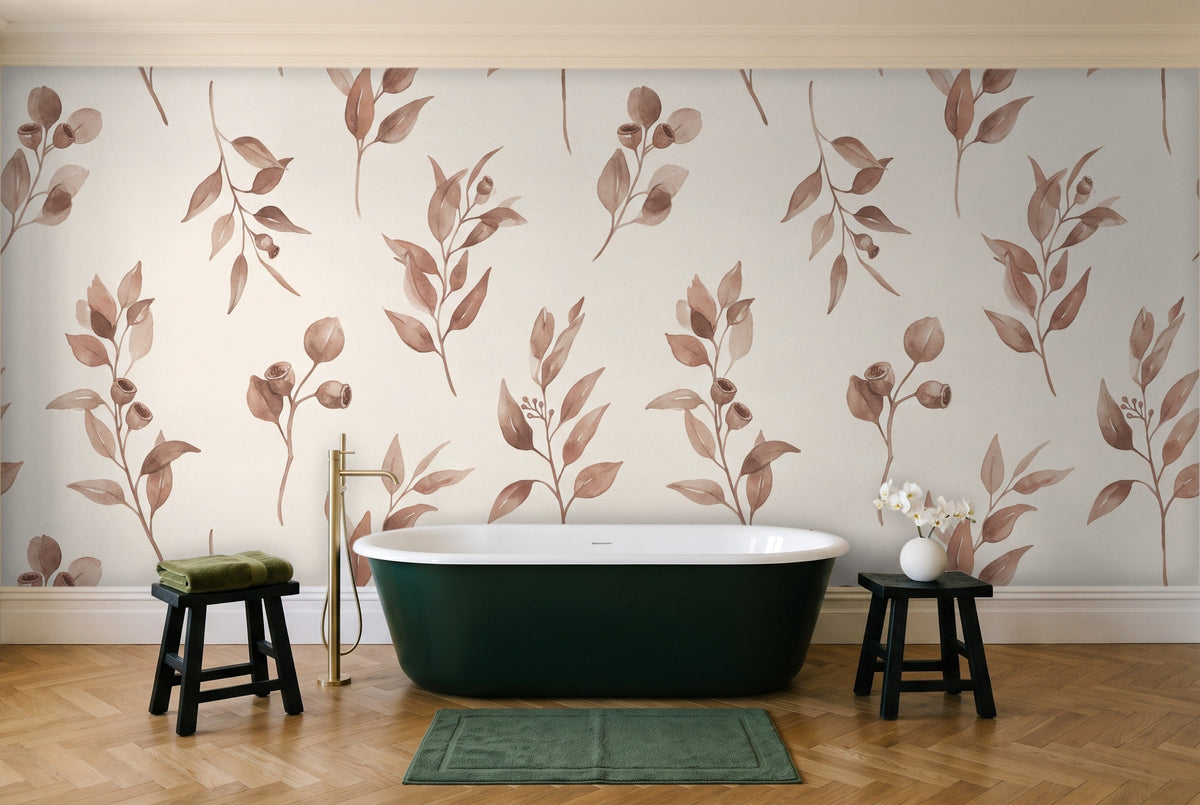 Clay Eucalyptus Botanical Mural in a bathroom
