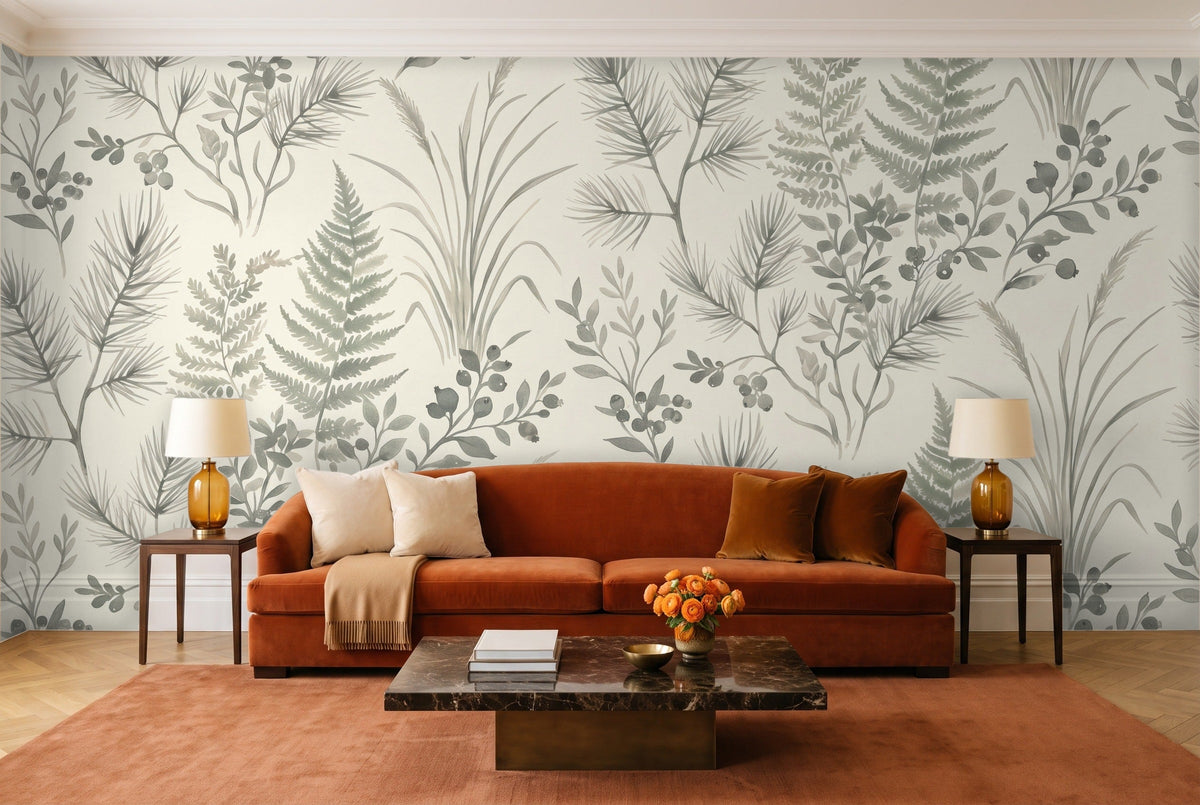 Sage Forest Botanical Mural in a living room