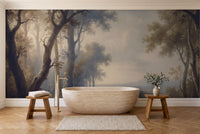 Navy Forest Landscape Mural in a bathroom