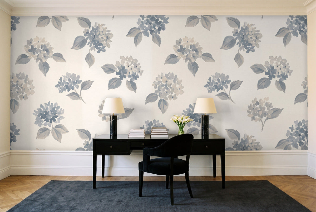 Blue And Grey Hydrangea Floral Mural in a home office